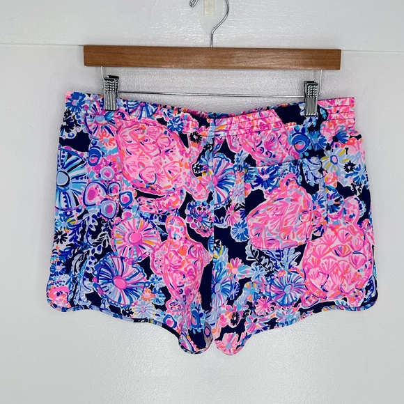 Lilly Pulitzer Luxletic Ocean Trail Shorts Large High Tide Navy Turtle Boho 32x4 - Picture 5 of 11